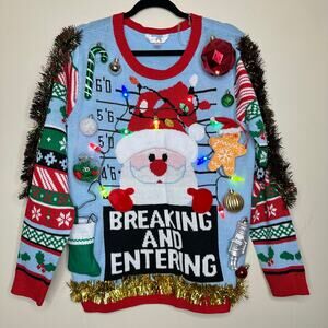 Ugly Christmas Sweater Naughty Santa LIGHTS UP Tinsel Xmas Party Winner Sz Large